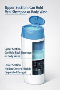 Shampoo bottle camera with upper section holding real shampoo and lower section containing hidden camera module