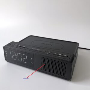 Spy camera wireless charger alarm clock radio front view